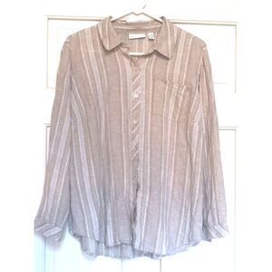 Susan Graver Linen Blend Striped Roll Sleeve Button Down Shirt, Size MP, EUC